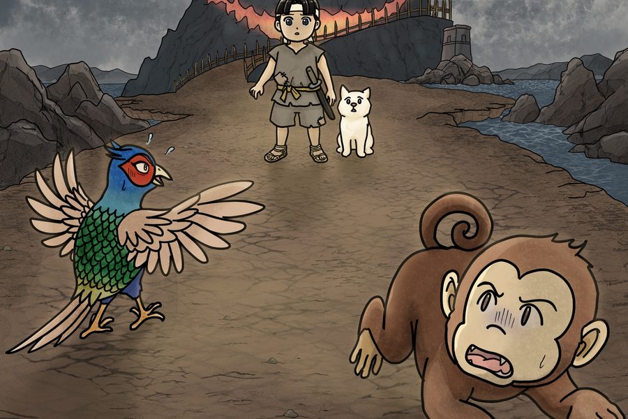 鬼ヶ島を前に、猿と雉が逃げ出し、立ち尽くす桃太郎と犬